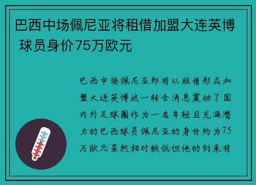 巴西中场佩尼亚将租借加盟大连英博 球员身价75万欧元