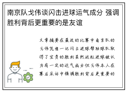 南京队戈伟谈闪击进球运气成分 强调胜利背后更重要的是友谊
