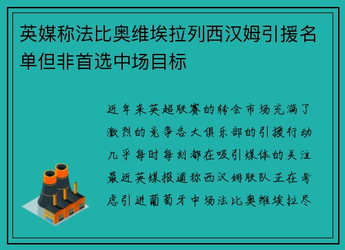 英媒称法比奥维埃拉列西汉姆引援名单但非首选中场目标