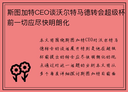 斯图加特CEO谈沃尔特马德转会超级杯前一切应尽快明朗化